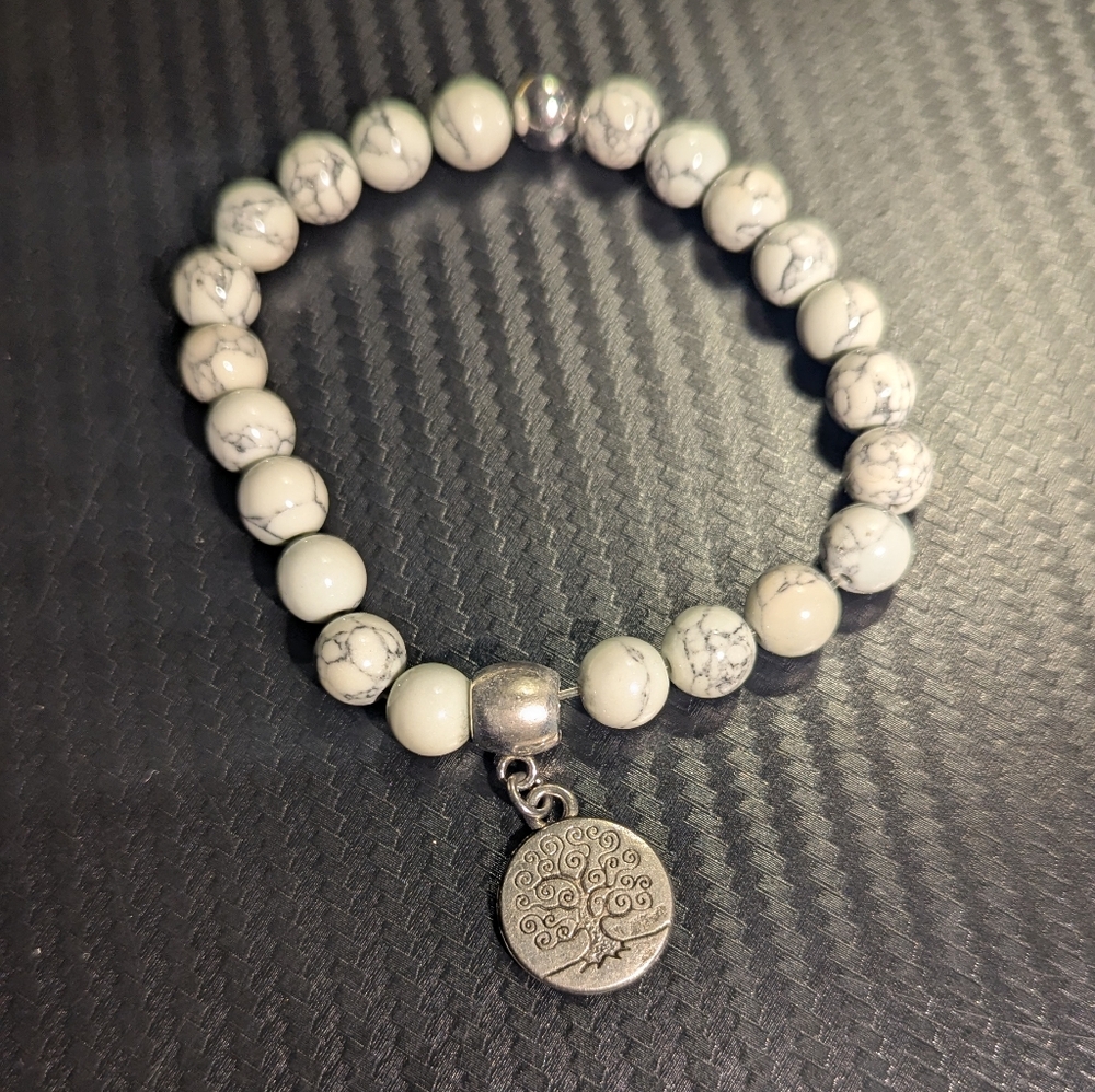 Silver and White Beaded Bracelet with Norse Tree Charm